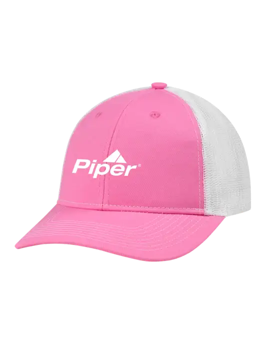 Snapback Ponytail Trucker Cap Pink/White Mesh w/Piper Logo