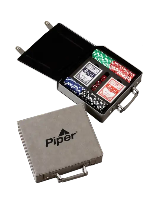 Grey Leatherette 100 Chip Poker Set w/Piper Logo