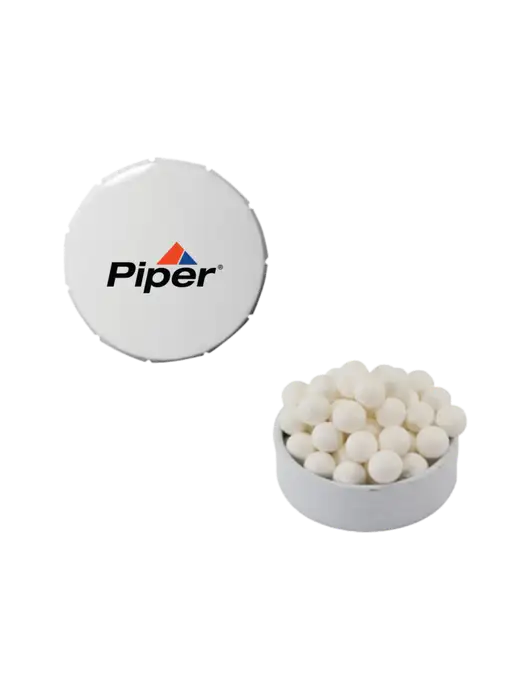Signature Peppermints In White Snap Top Tin  w/Piper Logo