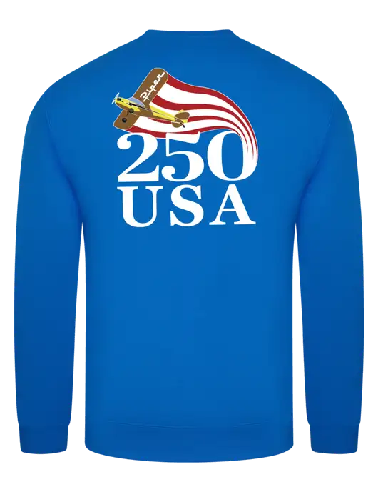True Royal 9 oz 50/50 Cotton/Poly Crew Sweatshirt w/250 USA Design Logo, Piper Team Logo, American Flag Logo