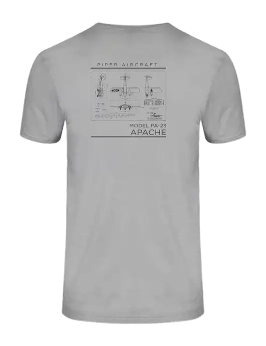 Ring Spun Silver 4.5 oz T-Shirt w/Apache PA-23 Specs Design Logo, Piper Apache logo