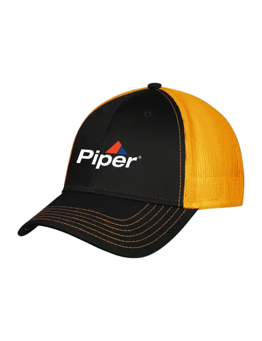 Black/Black/Gold Mesh Gold Stitching on Bill Trucker Cap Snap Back

 w/Piper Logo