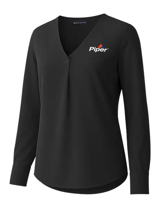 Brooks Brothers Womens Black Open-Neck Satin Blouse  w/Piper Logo
