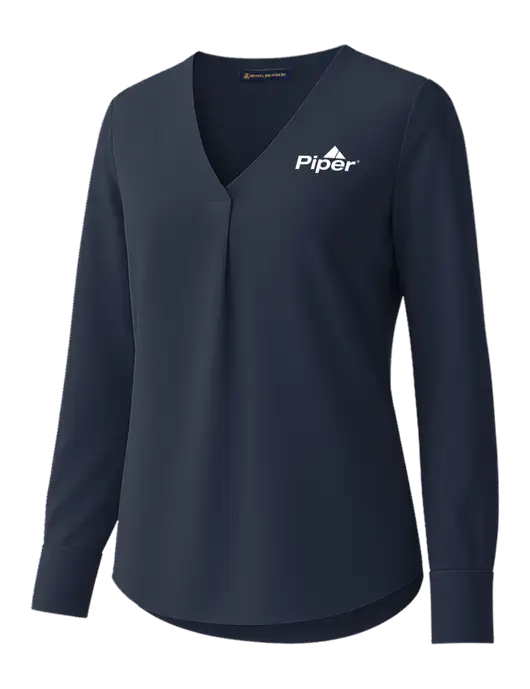 Brooks Brothers Womens Dark Navy Open-Neck Satin Blouse  w/Piper Logo