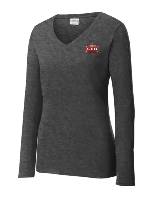 Womens  V-Neck Ring Spun Dark Heather Grey 4.5 oz Long Sleeve T-Shirt w/Piper Cub Logo