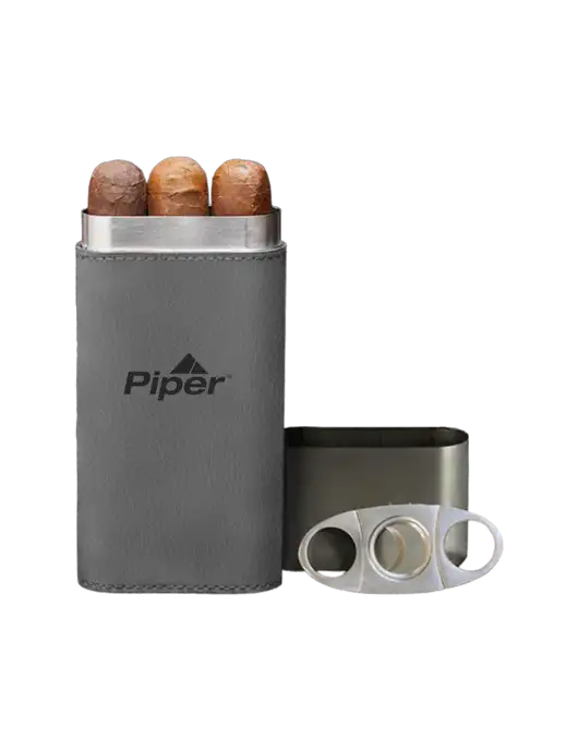 Grey Leatherette Cigar Case with Cutter w/Piper Logo
