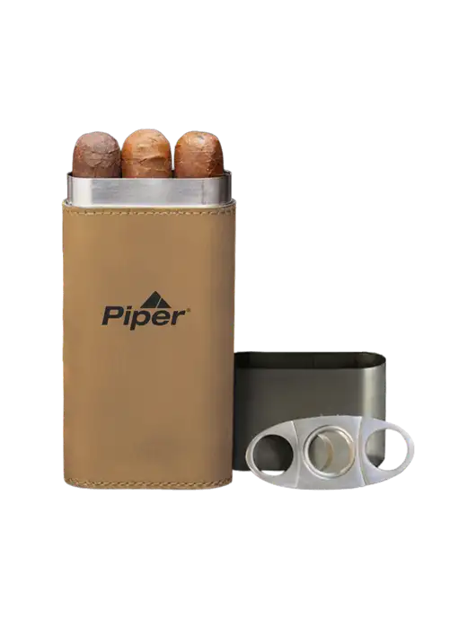 Tan Leatherette Cigar Case with Cutter w/Piper Logo