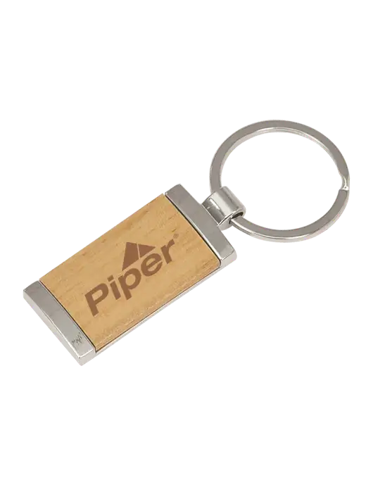 Wood & Silver Rectangle Keychain w/Piper Logo