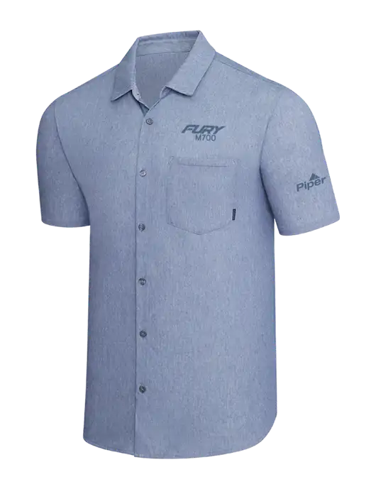 OGIO Slate Blue Heather Extend Short Sleeve Button Up Shirt w/M700 Fury Logo, Piper Logo