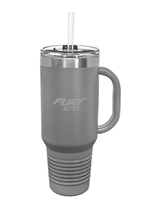 Polar Camel 40 oz. Powder Coated Vacuum Insulated Grey Travel Mug with Straw w/M700 Fury Logo, Piper Logo