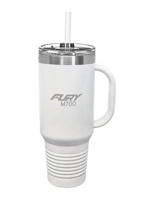 Polar Camel 40 oz. Powder Coated Vacuum Insulated White Travel Mug with Straw w/M700 Fury Logo, Piper Logo