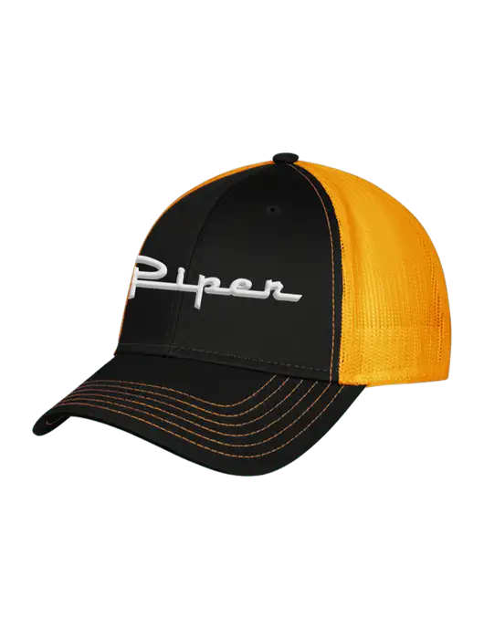 Black/Black/Gold Mesh Gold Stitching on Bill Trucker Cap Snap Back

 w/Vintage Piper Puff Logo