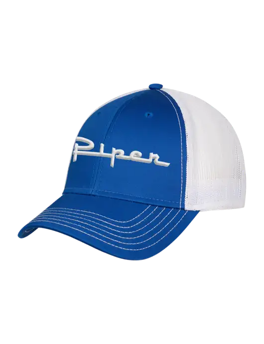 Royal/White Mesh Trucker Cap Snap Back w/Vintage Piper Puff Logo